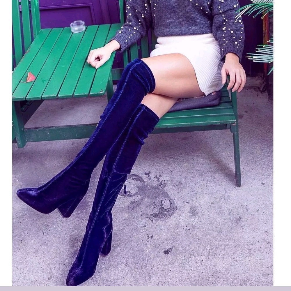 Zara Navy Blue Velvet Over the Knee Boots